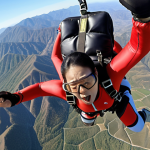 ** A person skydiving without an instructor, representing the feeling of taking the traditional Korean medicine exam. Focus on the adrenaline and sense of uncertainty.

**