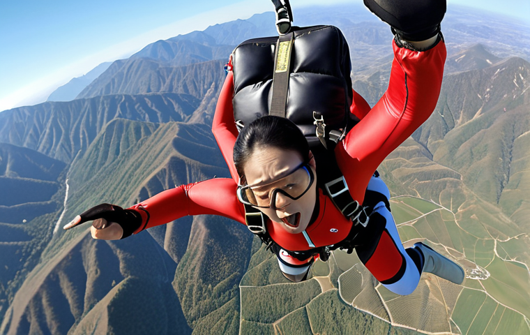 ** A person skydiving without an instructor, representing the feeling of taking the traditional Korean medicine exam. Focus on the adrenaline and sense of uncertainty.
**
