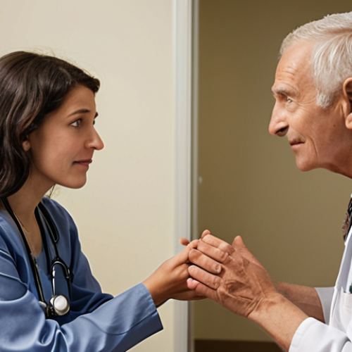 Home 14 **Prompt 1: The Trust Bridge**
A compassionate, experienced doctor, either male or female, leans forward slightly, engaged in a deep, empathetic conversation with an elderly patient, possibly an elderly woman, in a softly lit, inviting clinic room. The doctor's gaze is intensely focused, conveying active listening and profound understanding. The patient looks comfortable and trusting, her expression revealing a sense of relief and openness as if sharing a deep, unspoken story. The atmosphere is warm and safe, emphasizing the critical moment where an "invisible barrier" is overcome, and a "bridge of trust" is built. Subtle details like clasped hands or a gentle nod underscore the human connection. Realistic, cinematic, soft lighting, focus on facial expressions and genuine interaction, conveying the patient as a "unique universe."