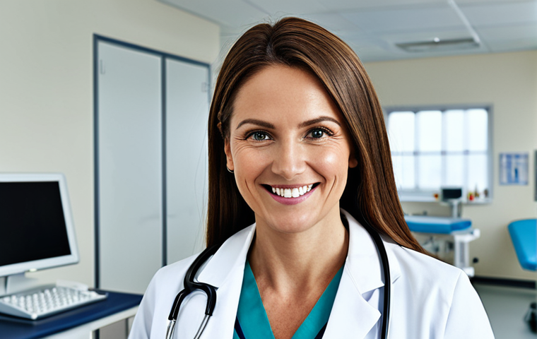 **
A professional female doctor in a clean, modern clinic, wearing a white coat and stethoscope, smiling reassuringly at the viewer. Background includes medical equipment and a friendly atmosphere. Fully clothed, appropriate attire, safe for work, perfect anatomy, natural proportions, professional medical photography, high quality, family-friendly.
**