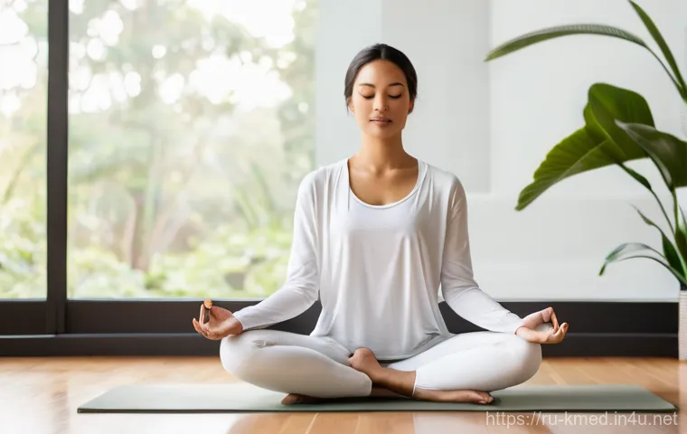 한의사와 스트레스 관리 - **Prompt 1: Tranquil Morning Meditation in a Modern Sanctuary**
A serene young woman, in her lat...