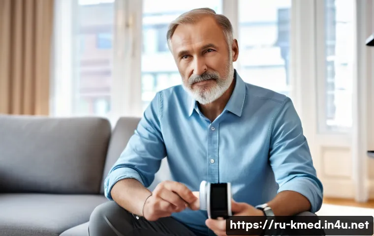 한의사와 IT 기술 융합 - A modern digital health diagnostic scene showing a middle-aged Russian man using a sleek portable pu...