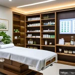 Home 20 한의학 연구 논문 정리 - A serene modern clinic room blending traditional and contemporary healing methods, featuring a patie...