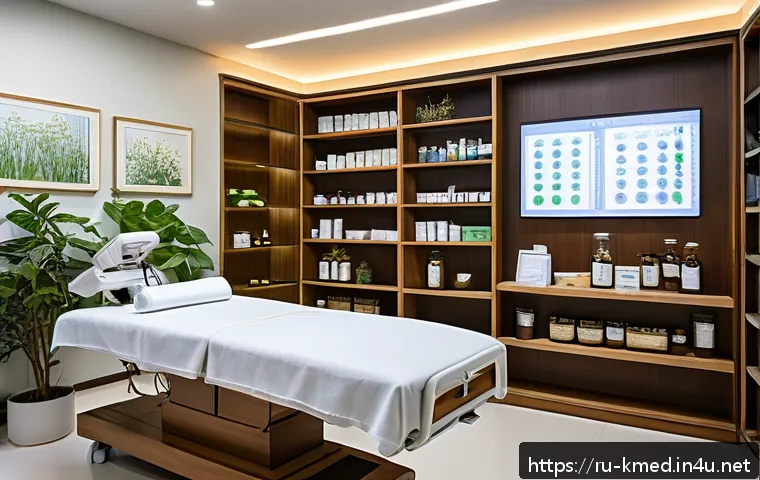 한의학 연구 논문 정리 - A serene modern clinic room blending traditional and contemporary healing methods, featuring a patie...