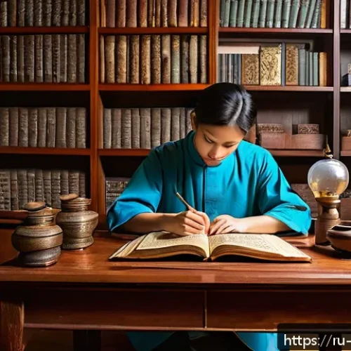 Home 30 한의학 시험 문제 분석 - A detailed, serene study room scene focused on traditional medicine preparation: a young adult Russi...