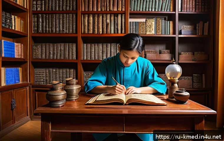 한의학 시험 문제 분석 - A detailed, serene study room scene focused on traditional medicine preparation: a young adult Russi...