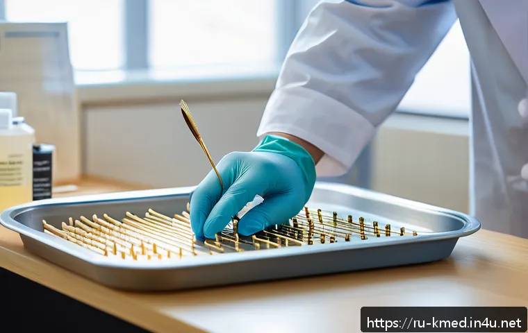 한의학 실습장비 활용법 - A professional acupuncture setting with a focus on sterile, disposable acupuncture needles made of m...
