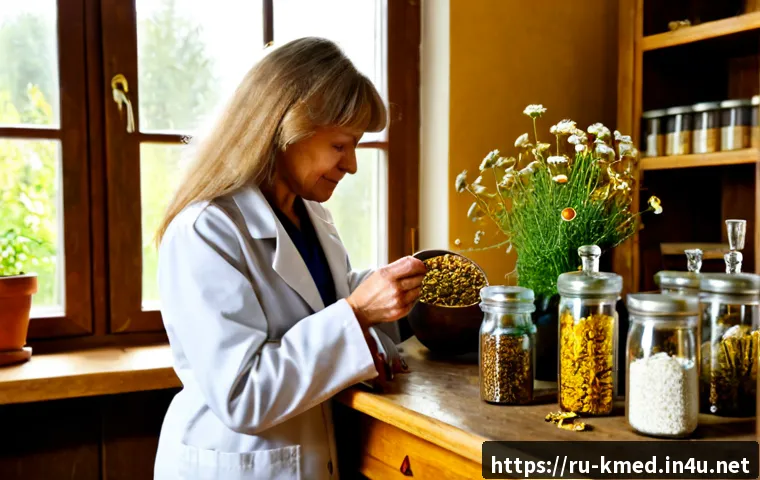 한의학과 천연 약초 연구 - Photorealistic traditional herbal medicine research workspace in a Russian botanical institute, a mi...