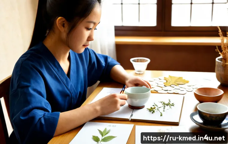 한의학 학습 노하우 - Photorealistic study scene for learning traditional East Asian medicine, a Russian adult student at ...
